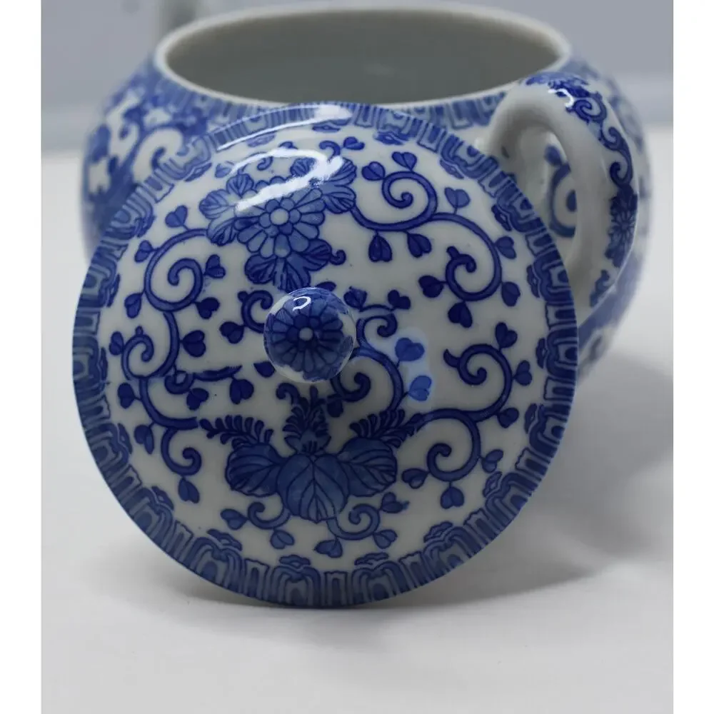 Vintage Blue & White Phoenix Fine Porcelain Sugar Lidded Bowl Japan